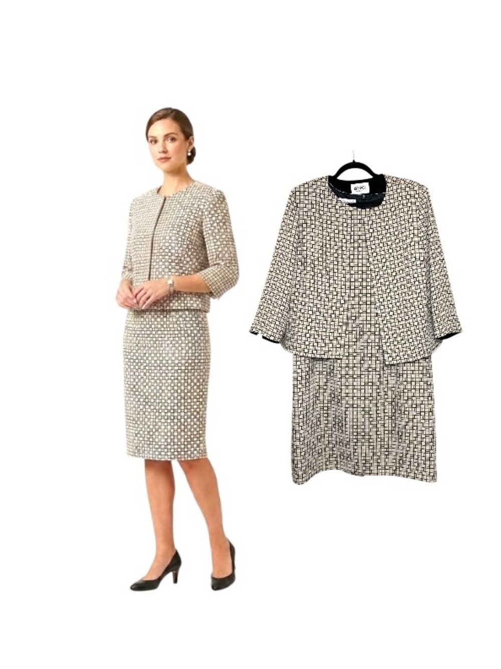Kasper Black Beige Pencil Dress Blazer Outfit 14p Geometric Classic Events Work
